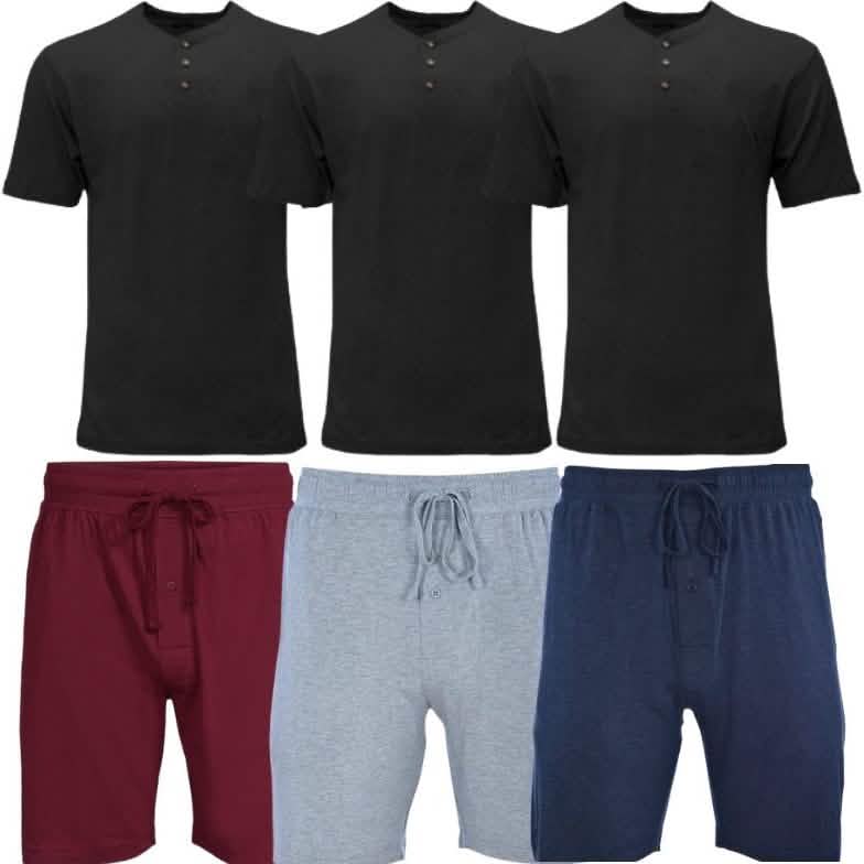 Ensemble 6 pièces : short de détente et t-shirt Henley pour hommes
