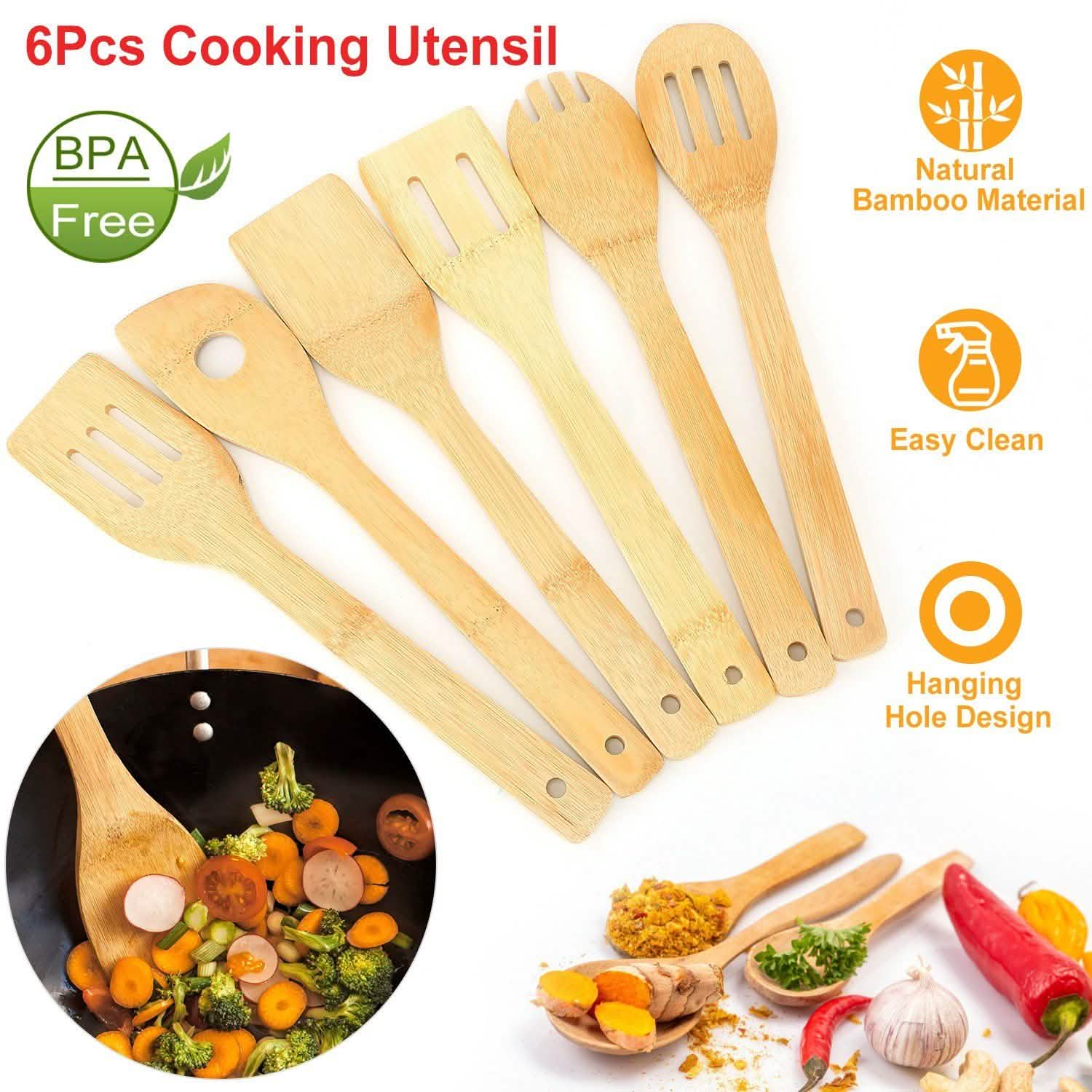 6-Pieces: Cooking Utensil Bamboo Wooden Spoons