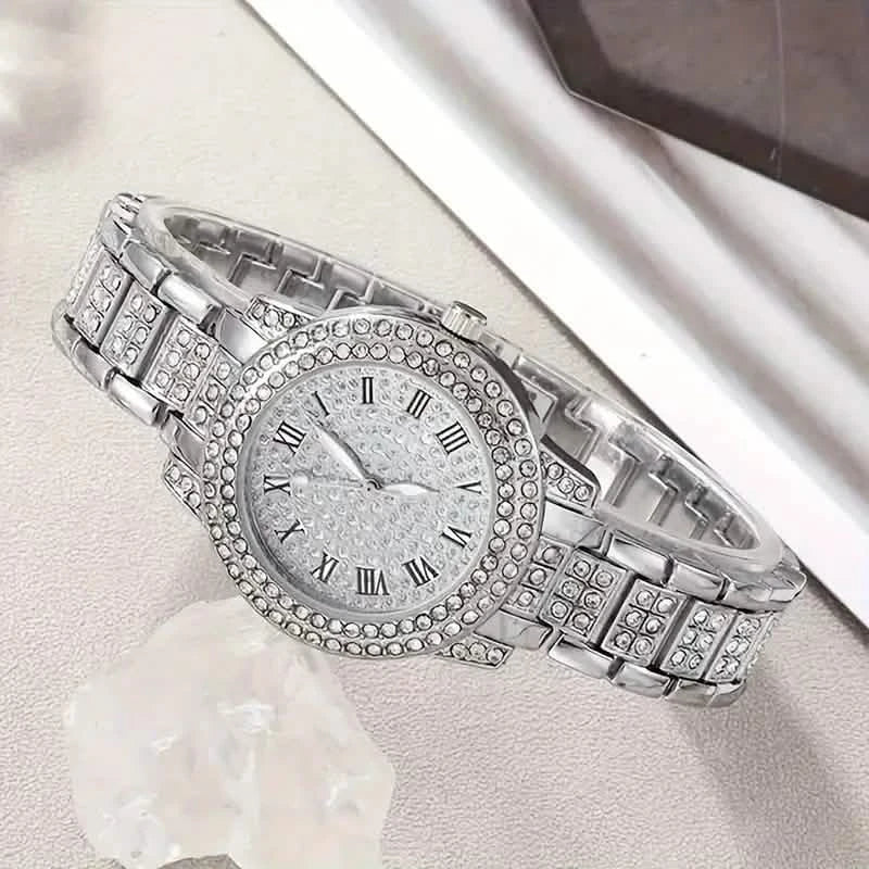 6-Pieces: Elegant Women's Jewelry Set with Quartz Roman Numerals Watch