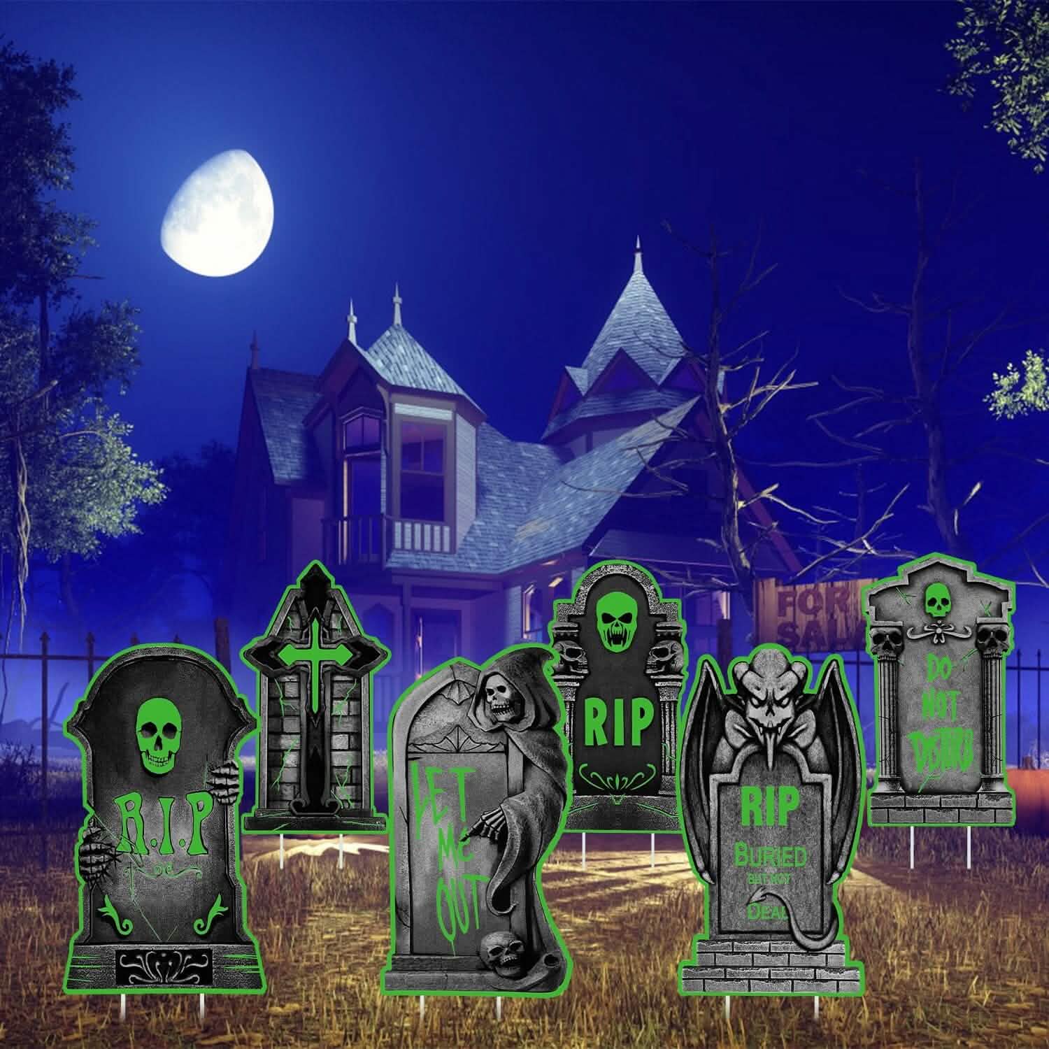 Lot de 6 : Décorations d'Halloween lumineuses pour jardin avec 12 piquets