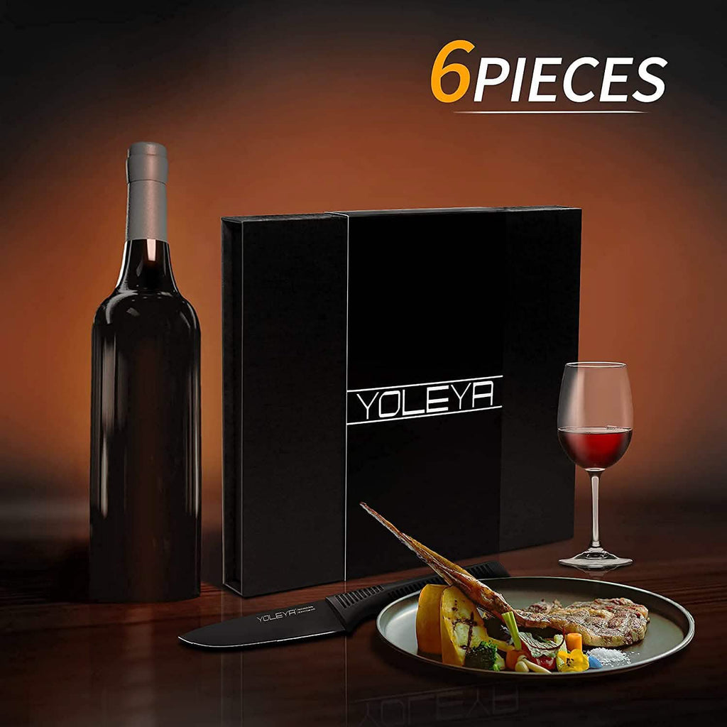 6-Pieces Set: YOLEYA High Carbon German Stainless Steel Black Serrated Steak Knife Set