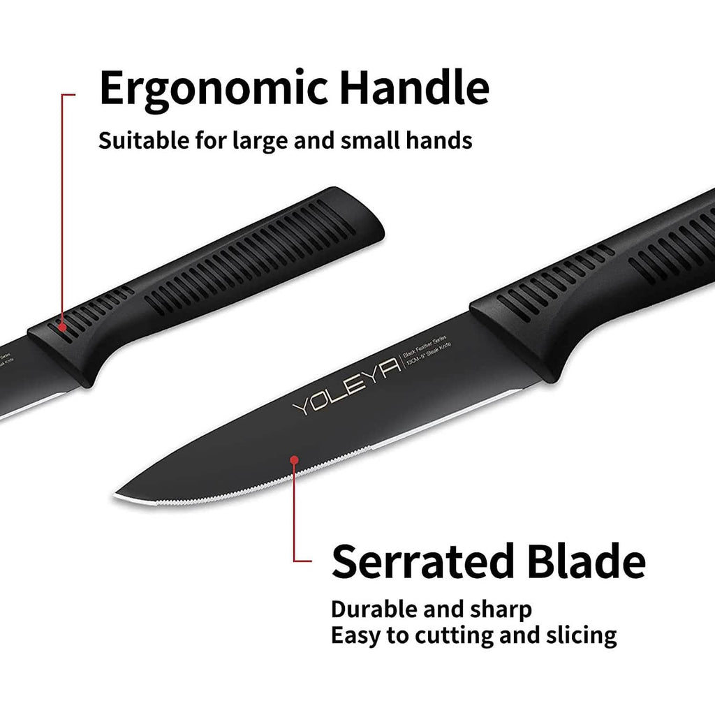 6-Pieces Set: YOLEYA High Carbon German Stainless Steel Black Serrated Steak Knife Set