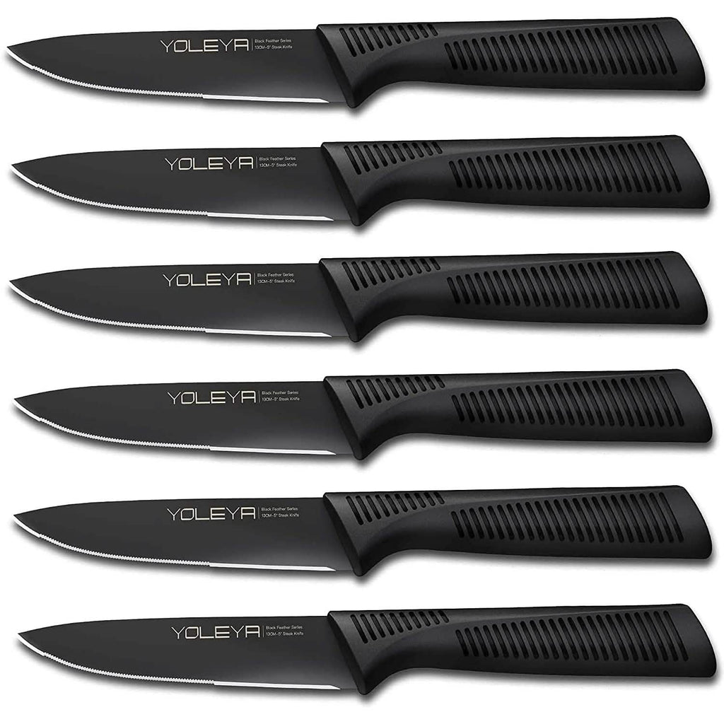 6-Pieces Set: YOLEYA High Carbon German Stainless Steel Black Serrated Steak Knife Set