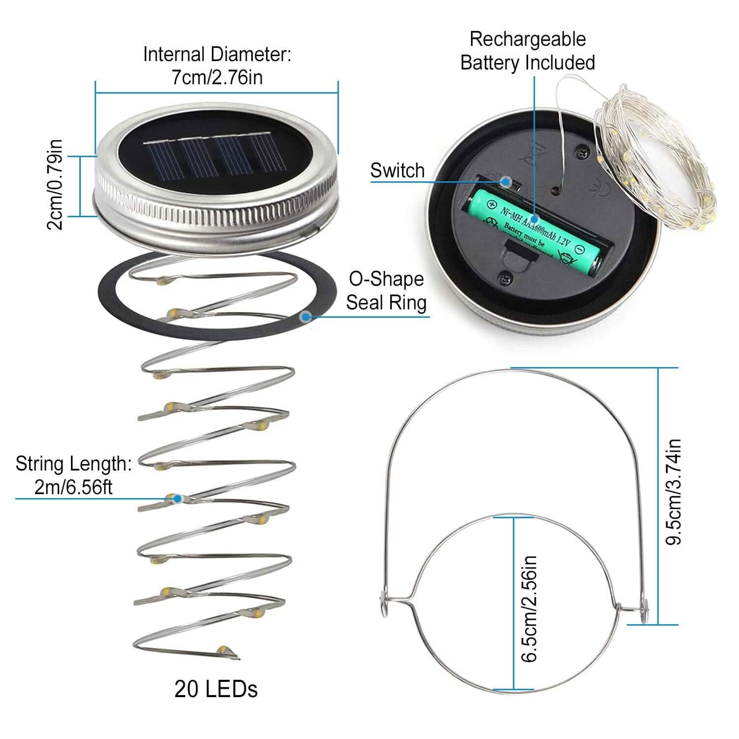 Lot de 6 : Couvercles lumineux solaires pour bocaux Mason, 20 LED