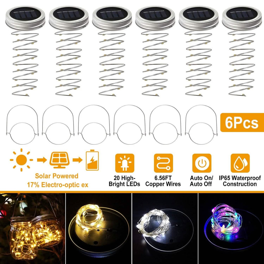 Lot de 6 : Couvercles lumineux solaires pour bocaux Mason, 20 LED