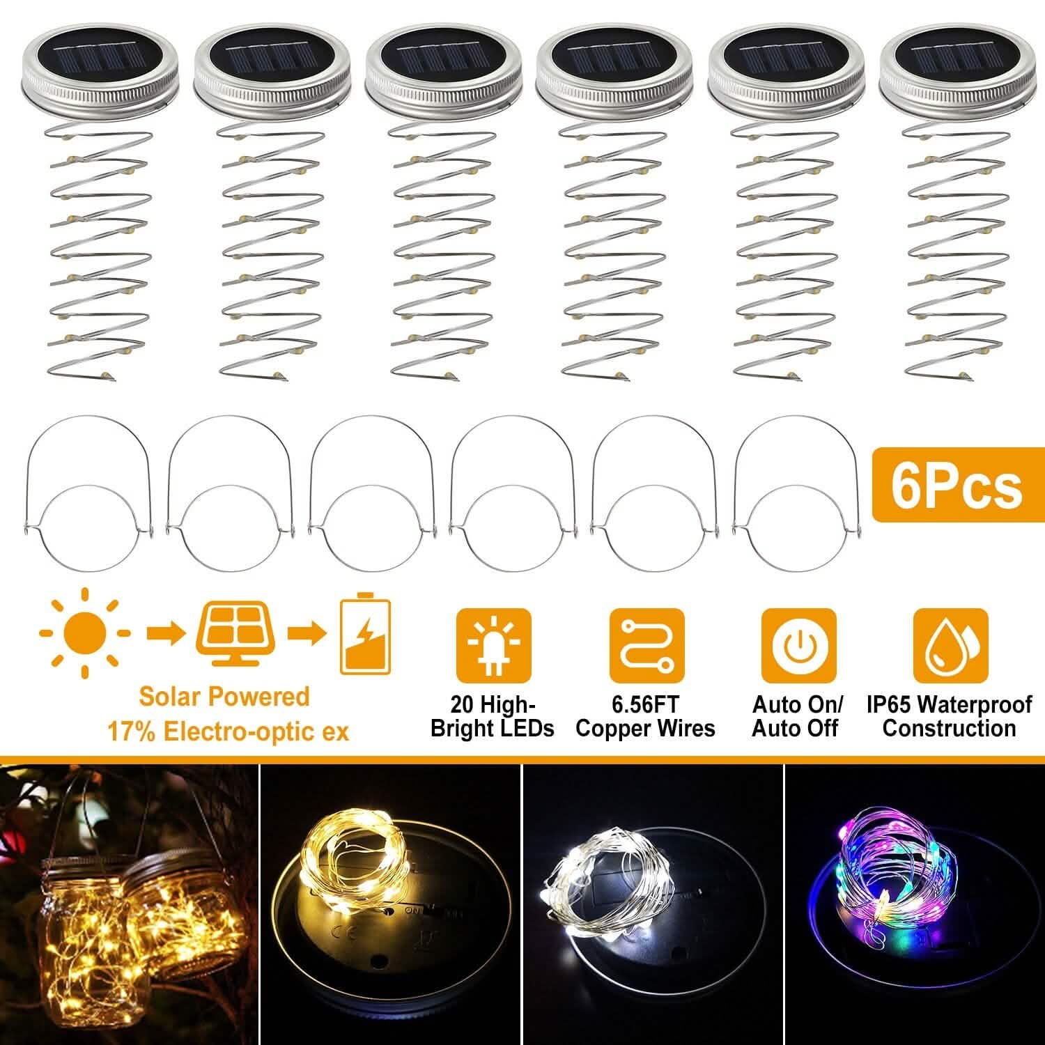 Lot de 6 : Couvercles lumineux solaires pour bocaux Mason, 20 LED