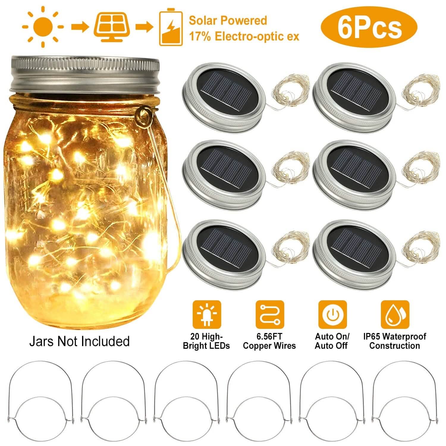 Lot de 6 : Couvercles lumineux solaires pour bocaux Mason, 20 LED