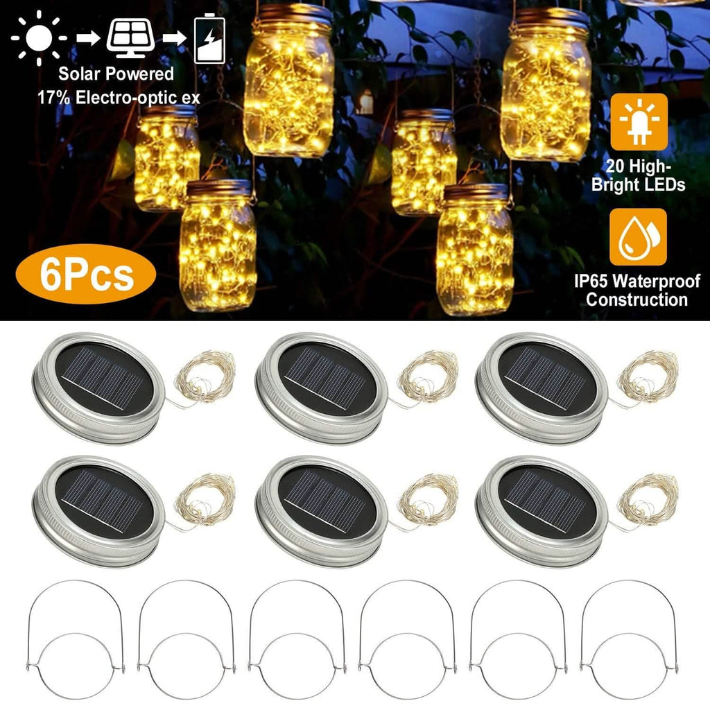 Lot de 6 : Couvercles lumineux solaires pour bocaux Mason, 20 LED