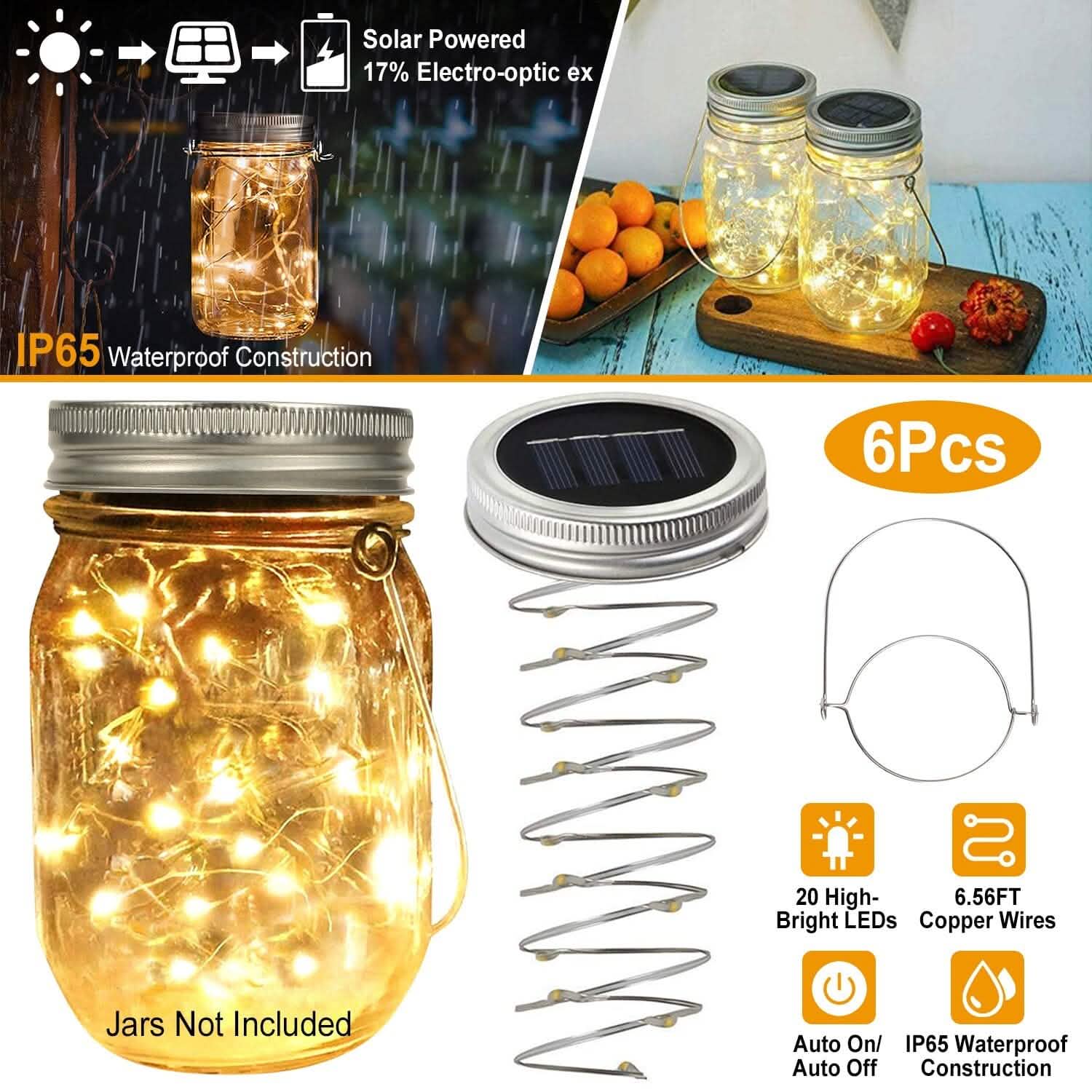 Lot de 6 : Couvercles lumineux solaires pour bocaux Mason, 20 LED