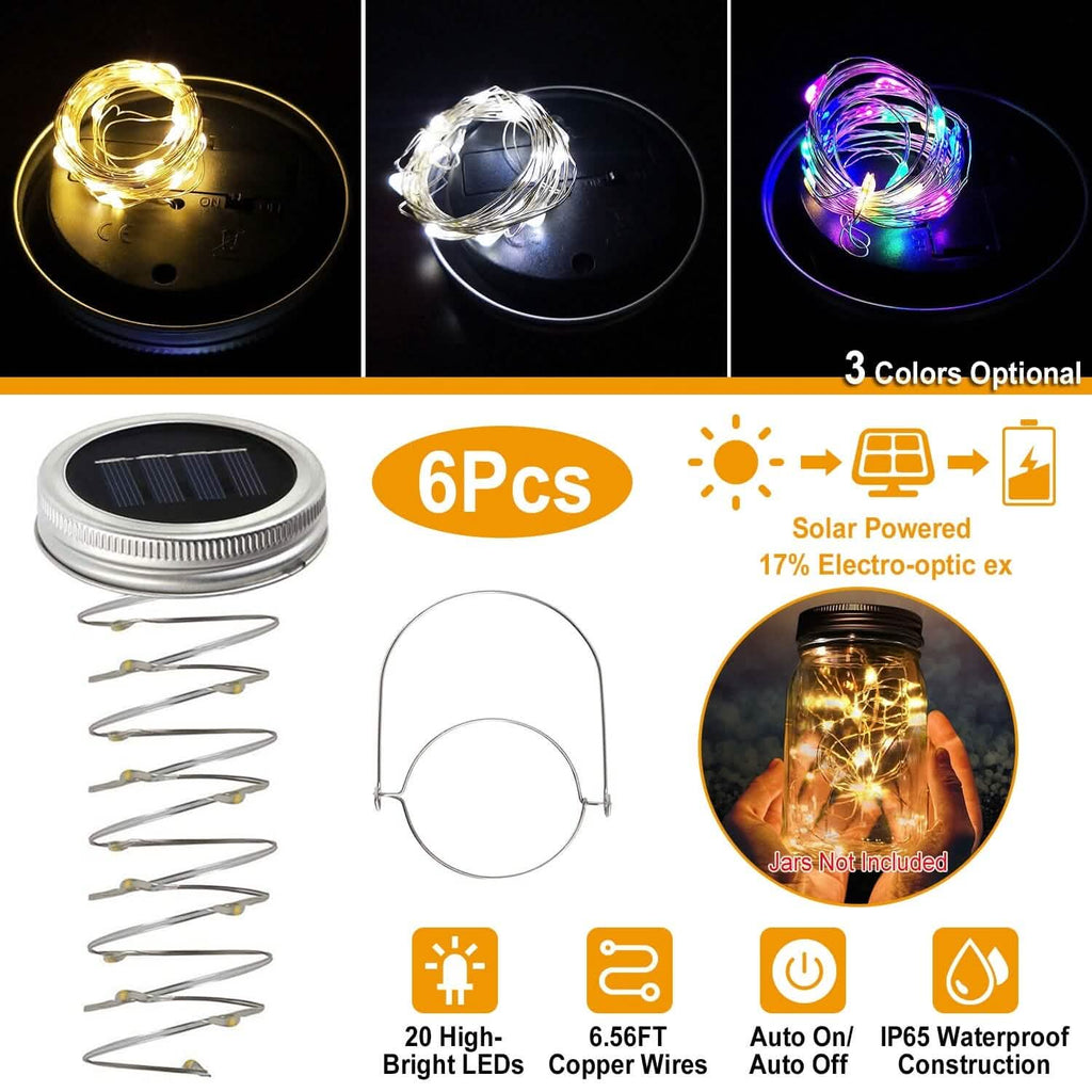 Lot de 6 : Couvercles lumineux solaires pour bocaux Mason, 20 LED