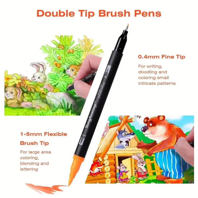 60-Piece Set: Dual Tip Brush Marker Set with Brush & Fineliner Pens