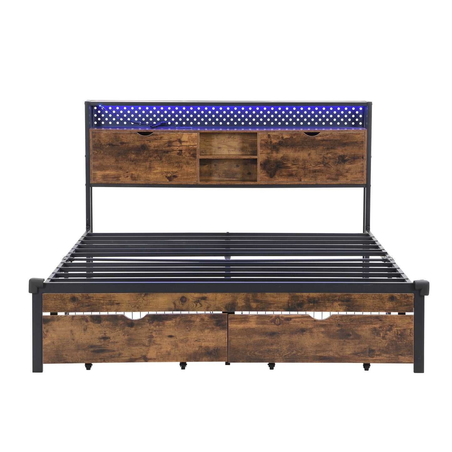 Queen Size Metal Platform Bed Frame with Wooden Headboard