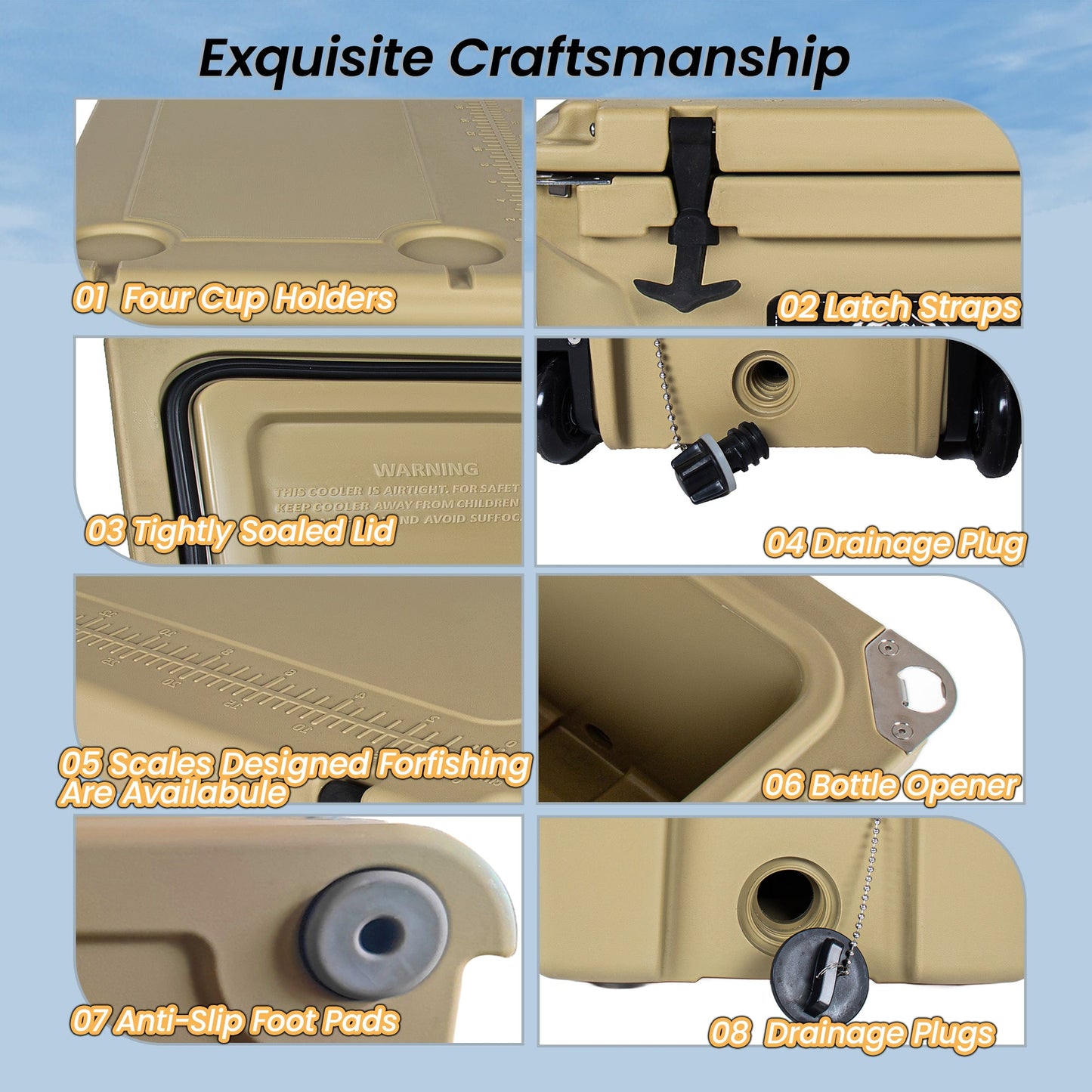 110 Quart Khaki Cooler, Rotomolded Insulated Ice Chest