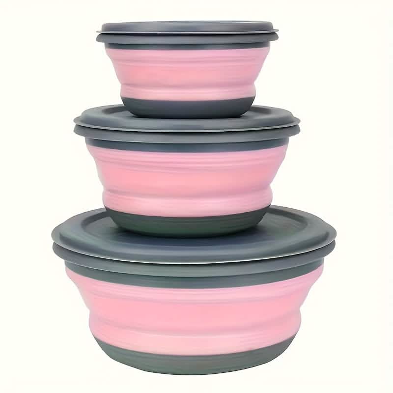 3 bols de camping pliables en silicone avec couvercles – Bleu et rose
