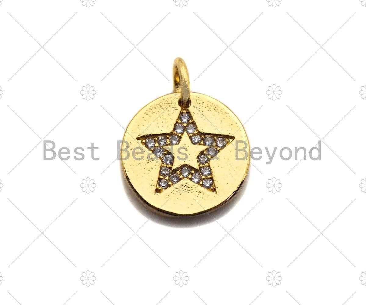 CZ Clear Micro Pave Five Point Star On Round Coin Pendant, Star Pave Pendant, Dainty Gold Coin Charm, 12mm, Sku#Z1140