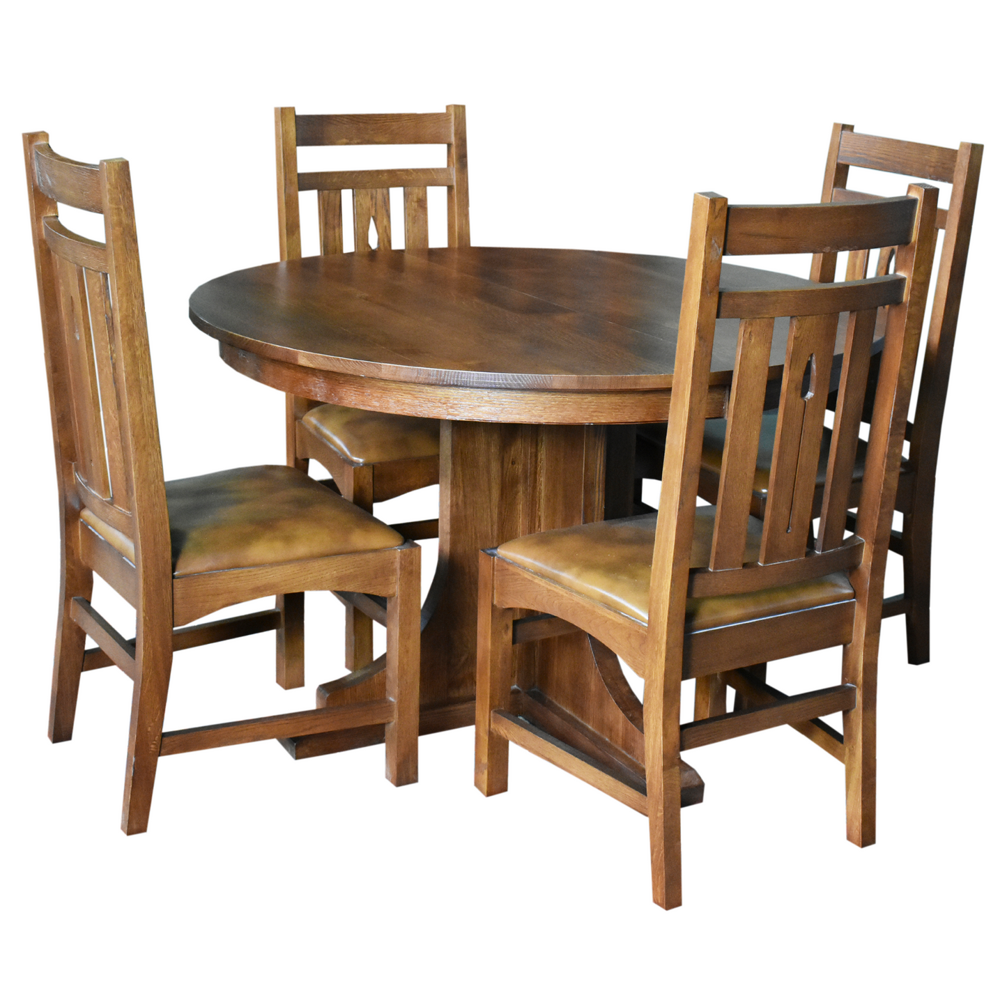 Mission Quarter Sawn Oak 2 Leaf Round Dining Table Set w/ 6 Chairs