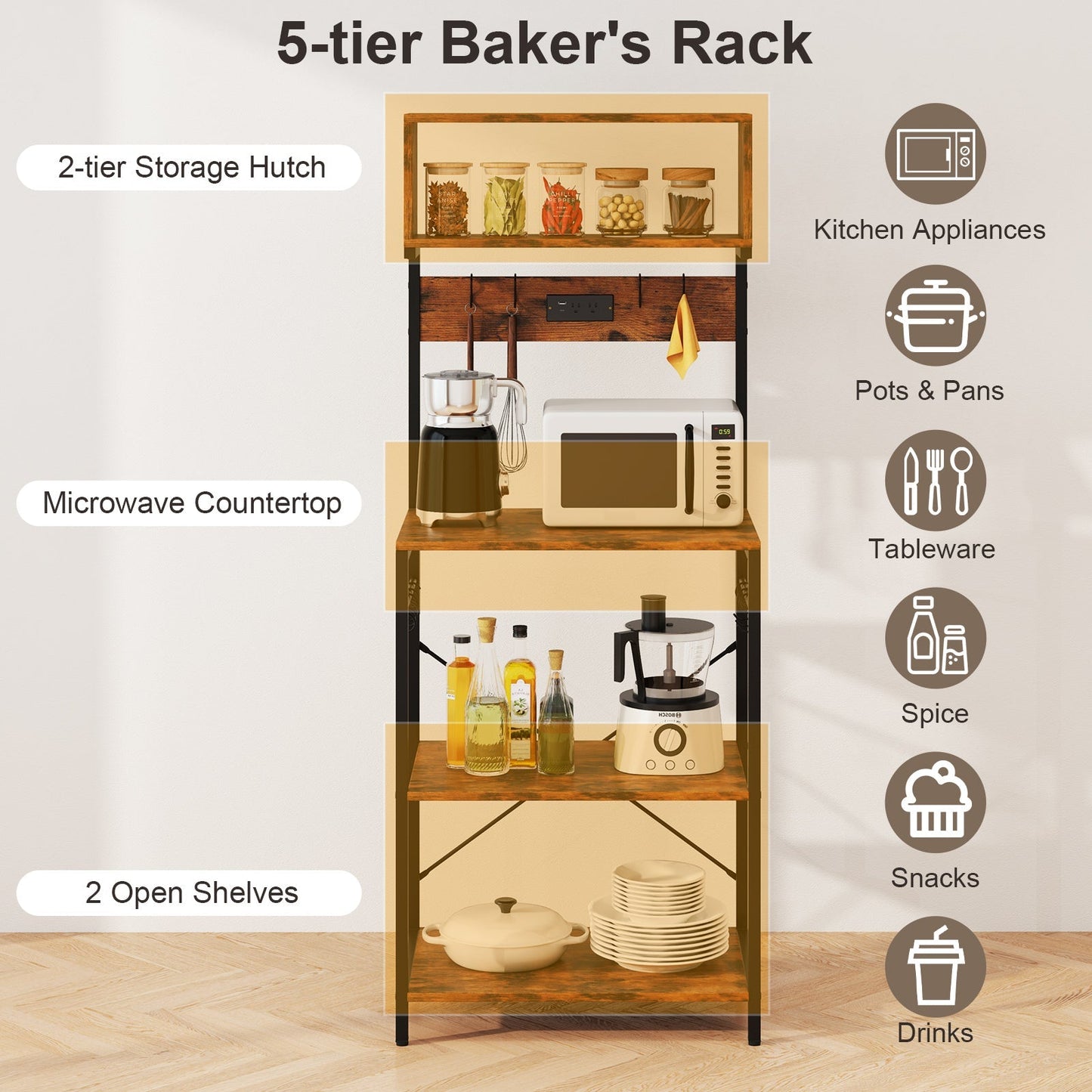 60 Inch Tall Microwave Stand with Open Shelves and 10 Hanging Hooks-Rustic Brown