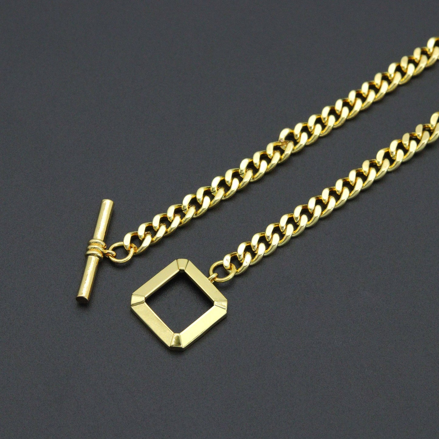 Gold Rectangle Toggle Clasp Cuban Chain Link Adjustable Necklace, Sku#L731