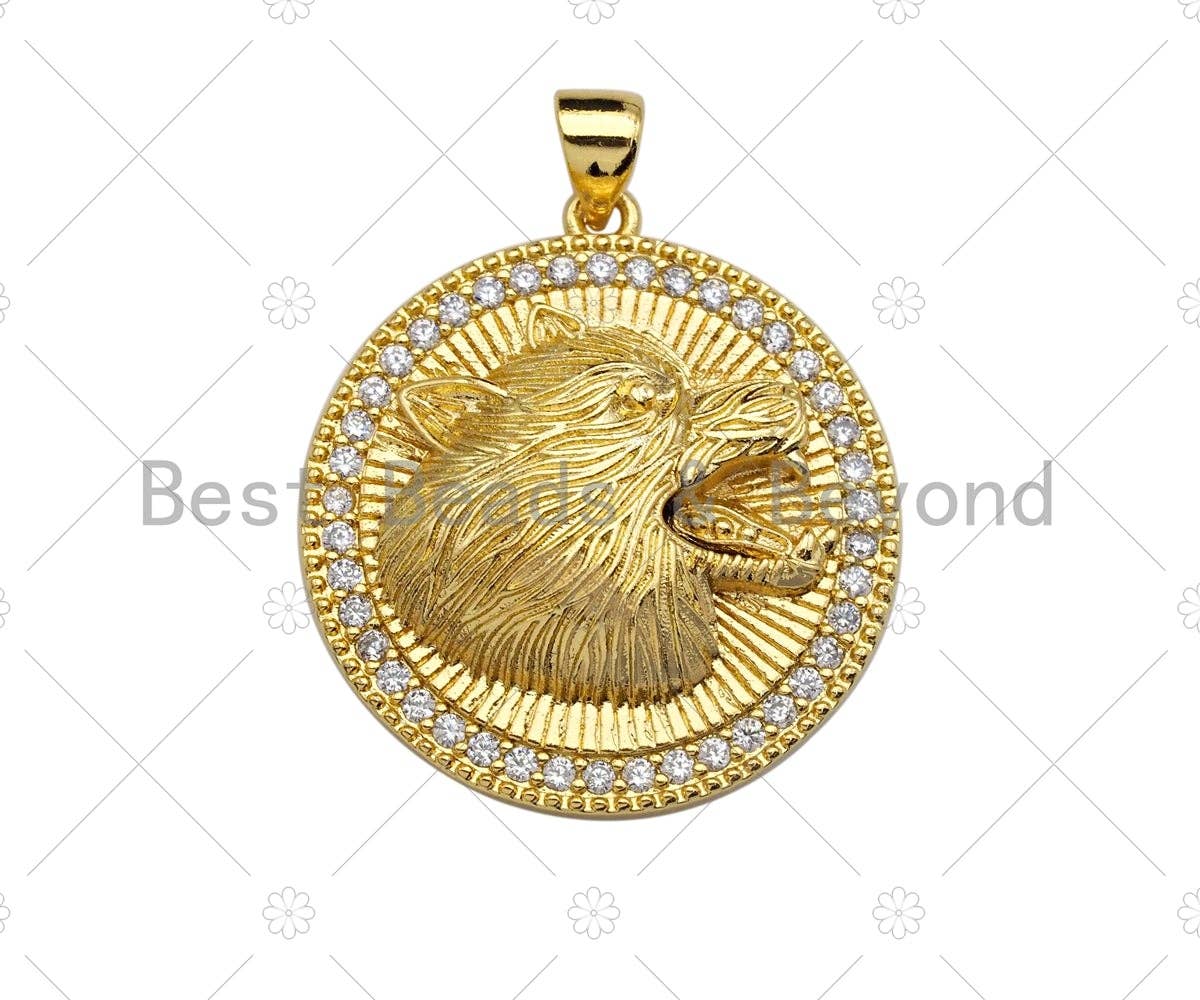18K Gold Embossment Wolf Head On Round Coin Shape Pendant, Round Charm, Animal Pave Pendant, Gold plated, 25mm, Sku#LK60