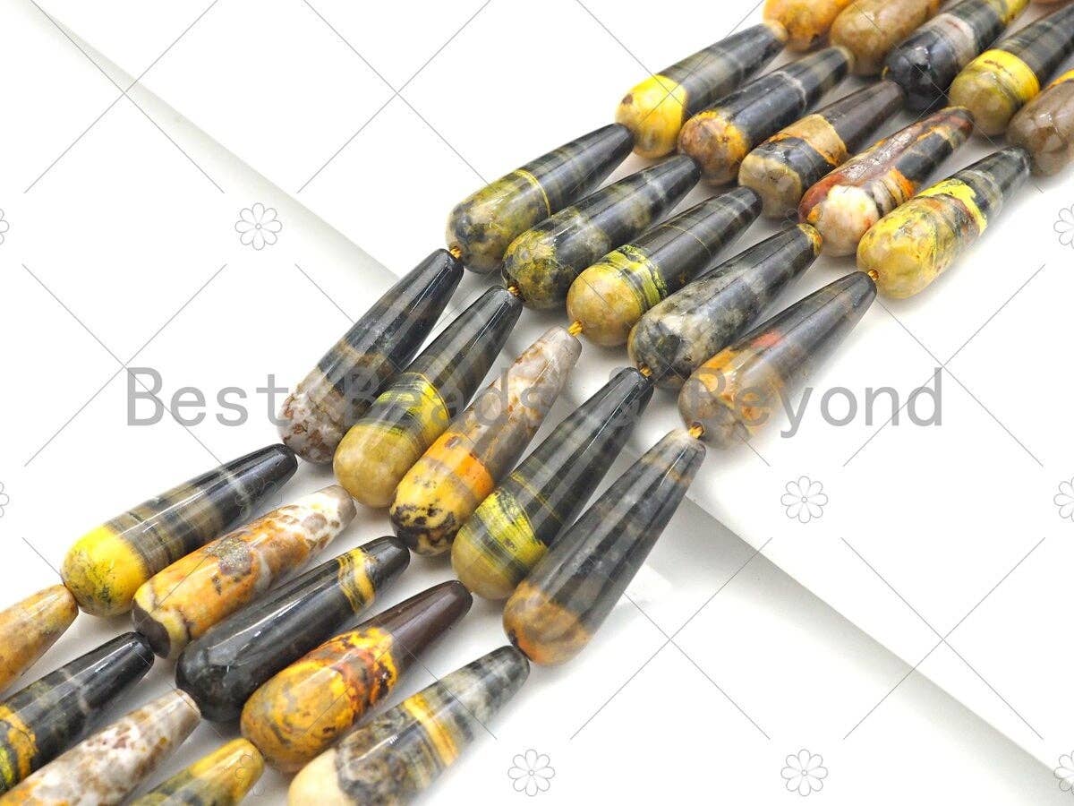 Quality Natural Bumblebee Jasper Smooth Teardrop Shape Beads, 8x20mm/10x30mm Yellow Orange Black Matrix  Beads,15.5'' Full Strand, Sku#U1148