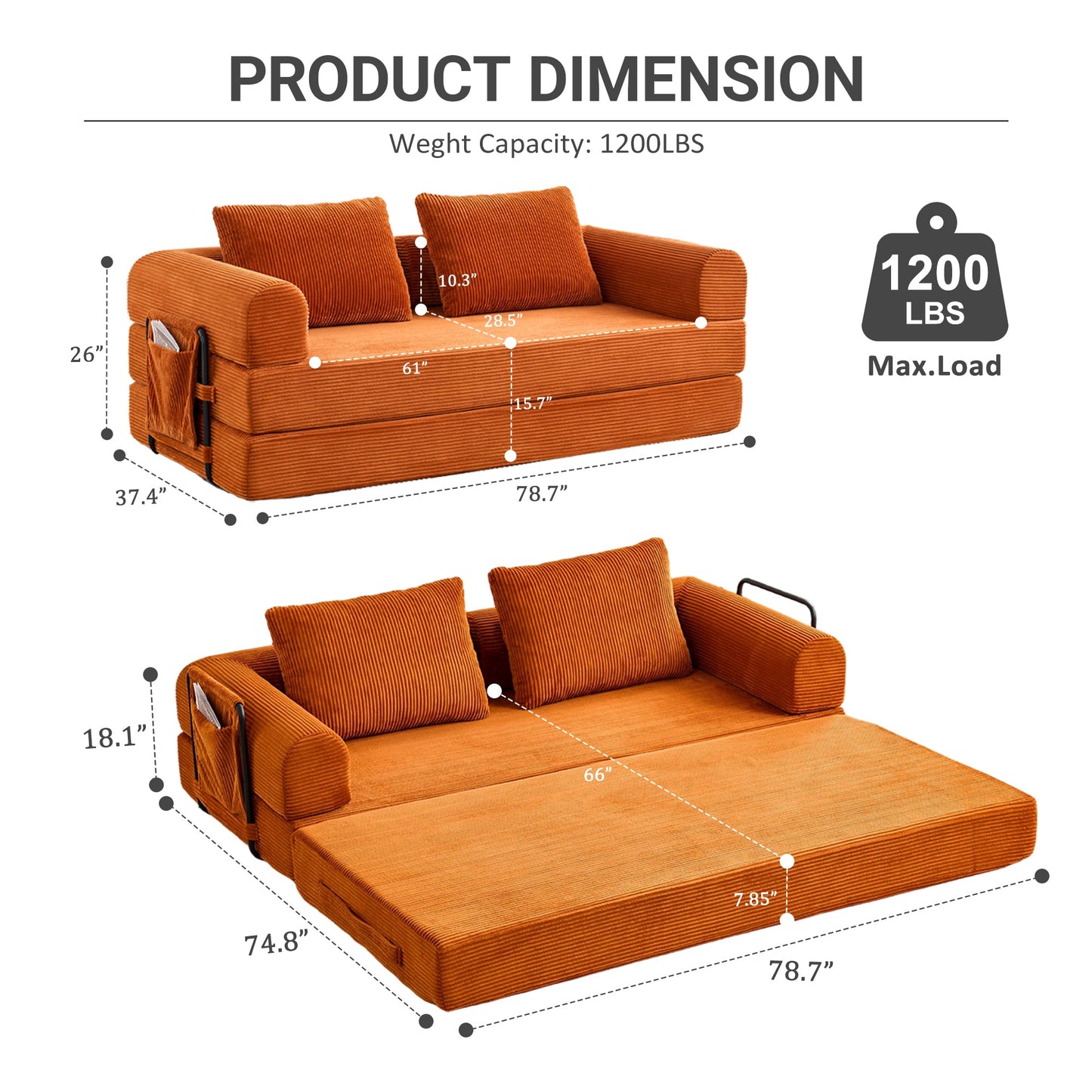 Convertible Sleeper Sofa Bed with Cylindrical Pillow - Orange