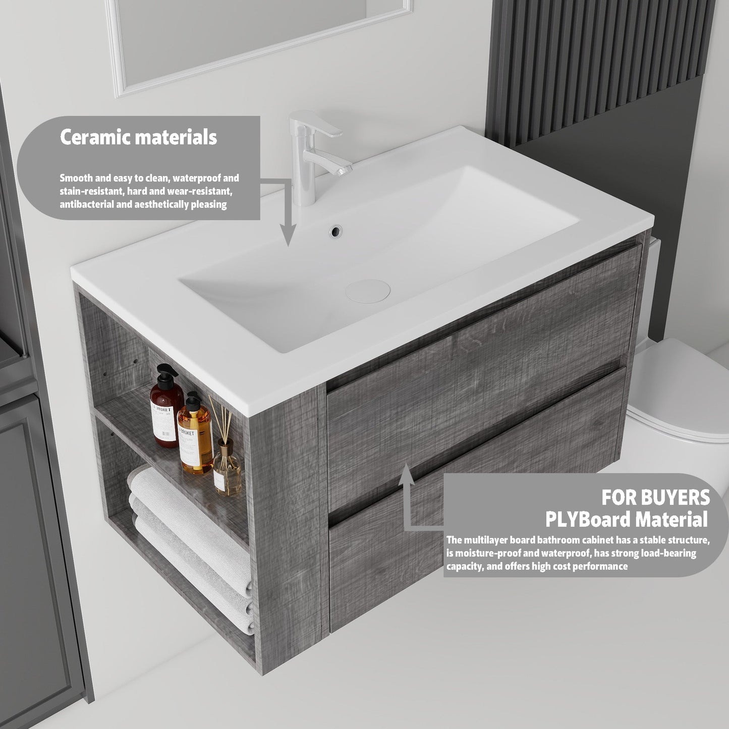 36 Inch Floating Bathroom Vanity with Sink