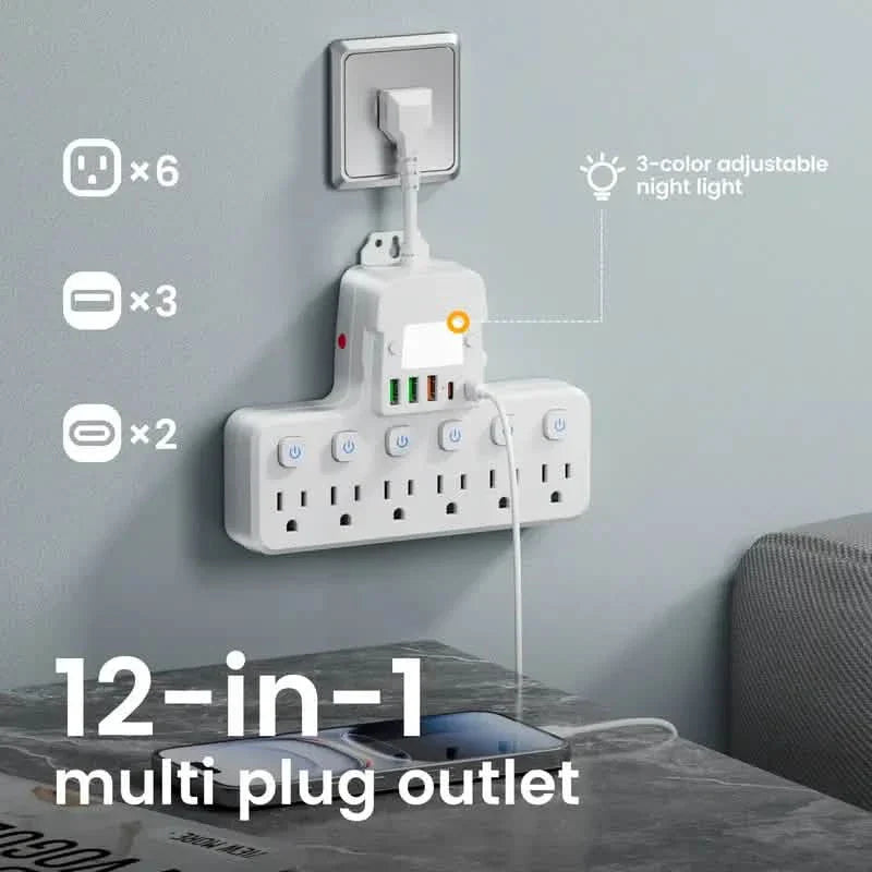 12-in-1調節可能デスクランプ電源タップ – 6つのACコンセント、3つのUSB-A＆2つのType-Cポート、サージ保護付き