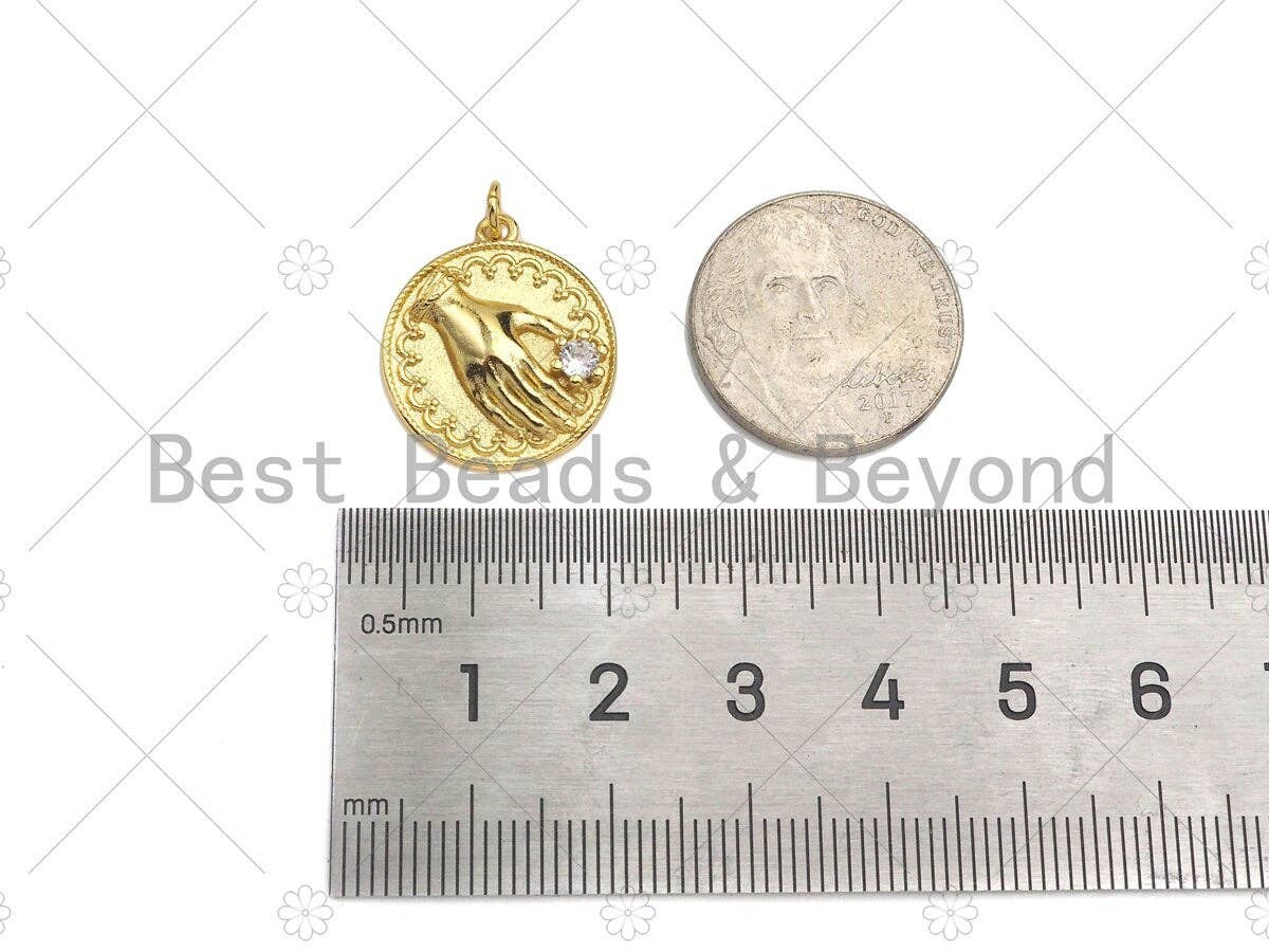 Gold Filled CZ Micro Pave Hand On Round Coin Shape Pendant, 18K Gold Filled Medallion Charm, Necklace Bracelet Charm, 20x18mm,Sku#Z1351