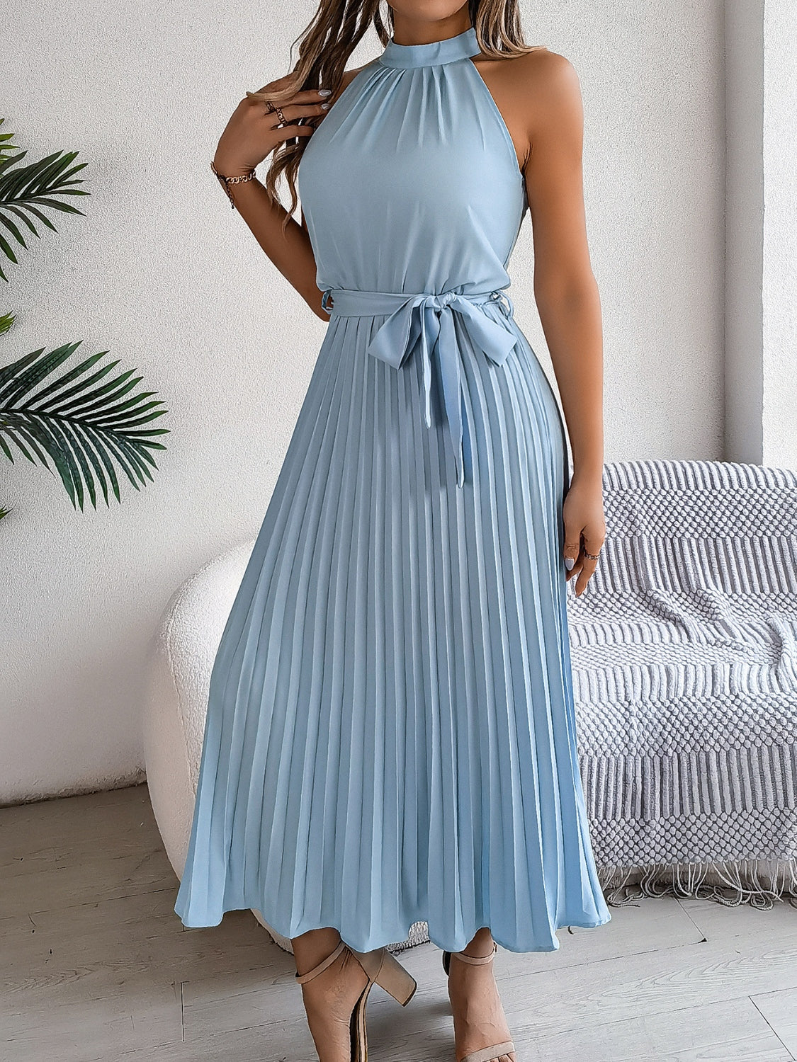 Grecian Neck Tie Waist Pleated Dress