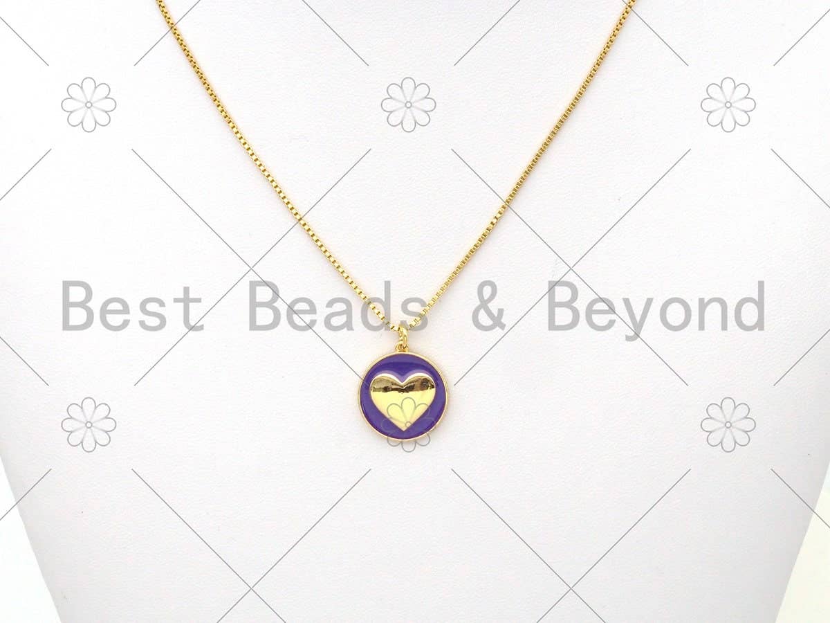 Gold Heart On Colorful Enamel Round Coin Shape Pendant, 18K Gold Filled Heart Charm,Enamel Pendant,Enamel Jewelry,17x19mm,Sku#F1411C