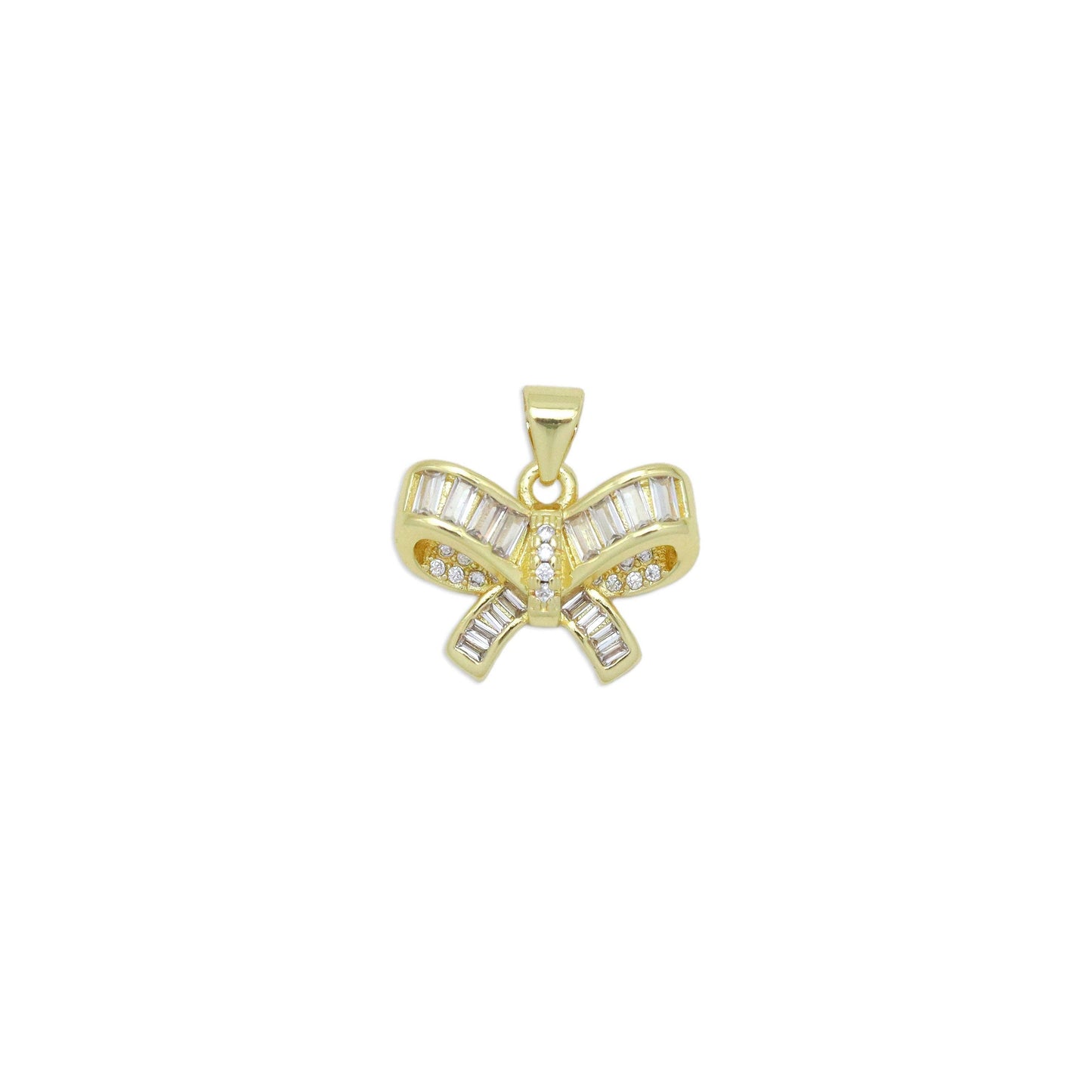 Clear Baguette CZ Gold Bowknot Charm Pendant, Sku#LK971