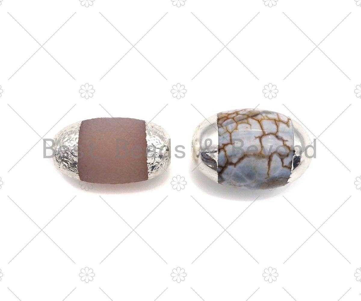 Large Natural Tibetan Agate Barrel Shape Spacer Beads, Silve
