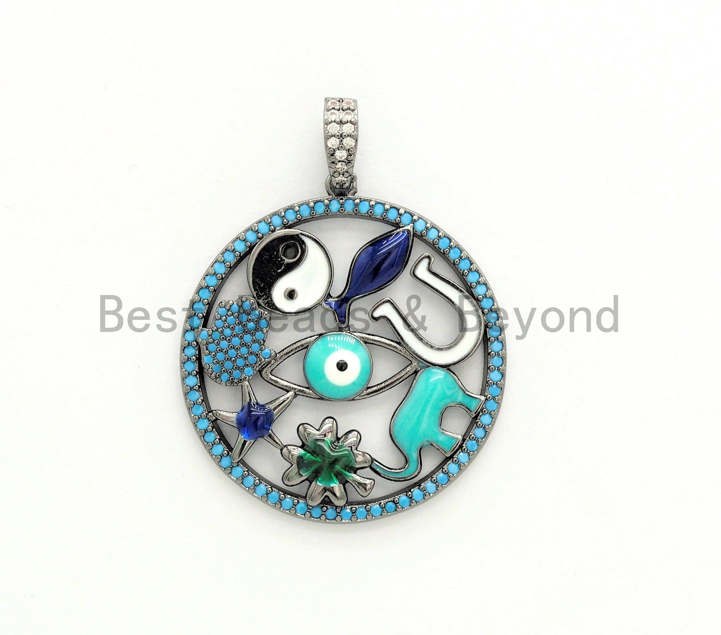 LARGE Enamel Round Artisan Protection Pendant,Black CZ Micro Pave Oil Drop Round pendant,Enamel pendant,Enamel Jewelry,32x34mm,sku#F595