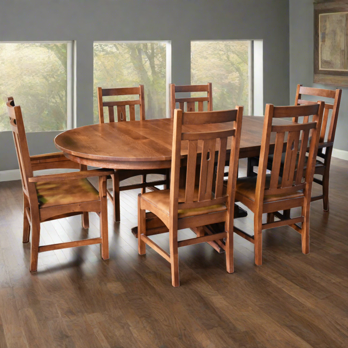 Mission Quarter Sawn Oak 2 Leaf Round Dining Table Set w/ 6 Chairs