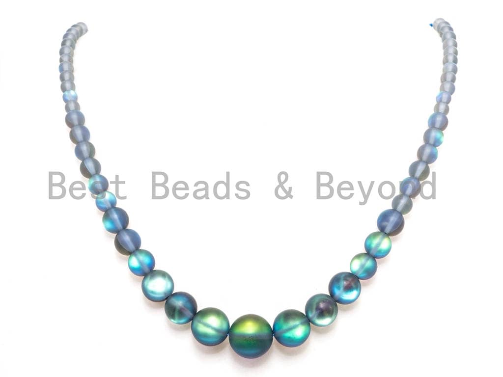 6-16mm Graduated Matte Blue Flashy Rainbow Manmade Moonstone Beads Strand, 6mm-16mm Round Matte beads, 15.5inch strand, SKU#U81