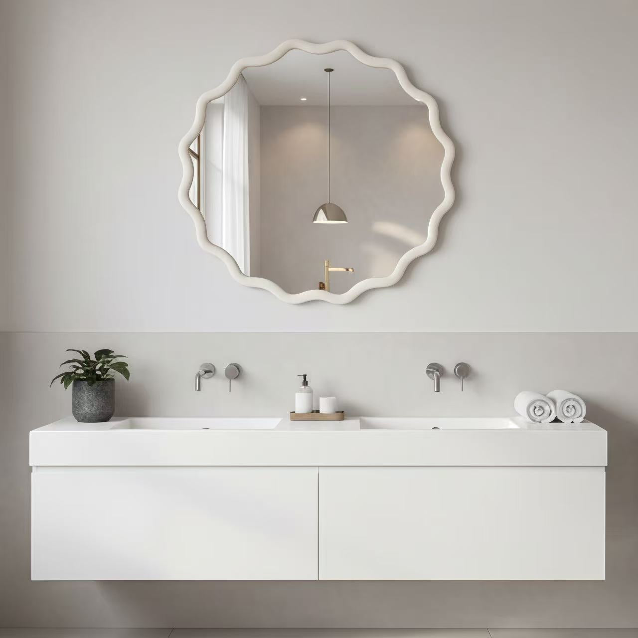 White 24 inch Wavy Round Solid Wood Frame Decorative Mirror