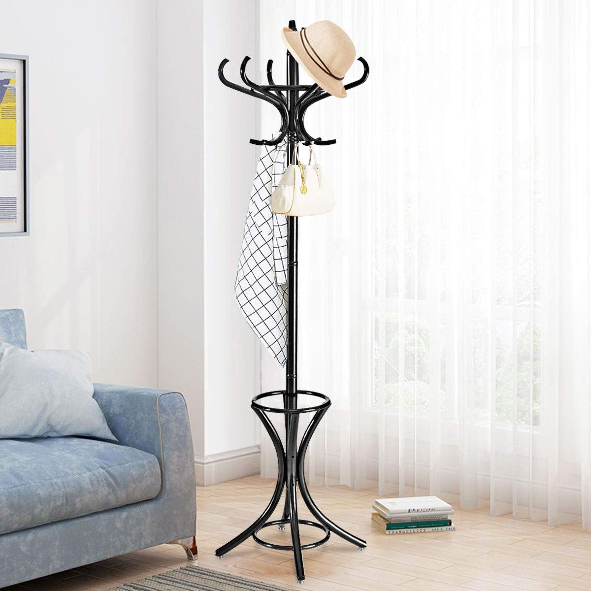 Wood Standing Hat Coat Rack with Umbrella Stand