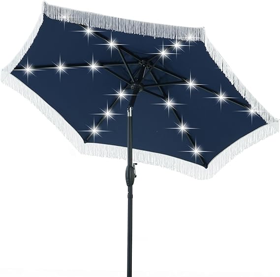 Ainfox 7.5ft Boho Fringe Patio Umbrella with Solar LED Lights, UV Protected Outdoor Umbrella