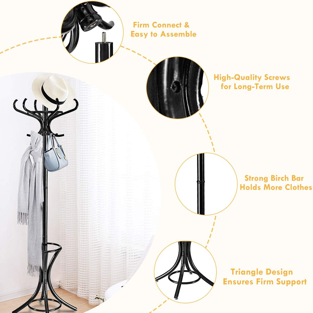 Wood Standing Hat Coat Rack with Umbrella Stand