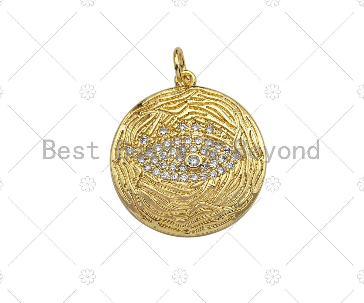 18K Gold Finish Evil Eye On Round Coin Shape Pendant, Round Charm, Evil Eye Pave Pendant, Gold plated, 20mm, Sku#LK62