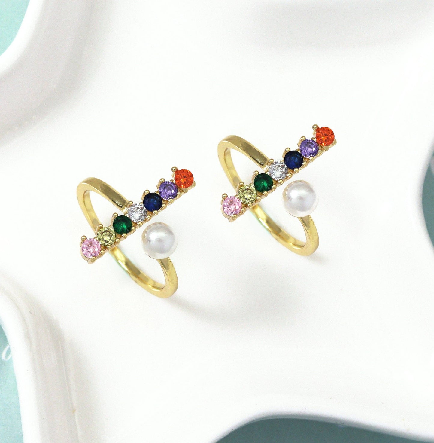 Colorful CZ Gold Bar Pearl Stackable Ring, Sku#JL139