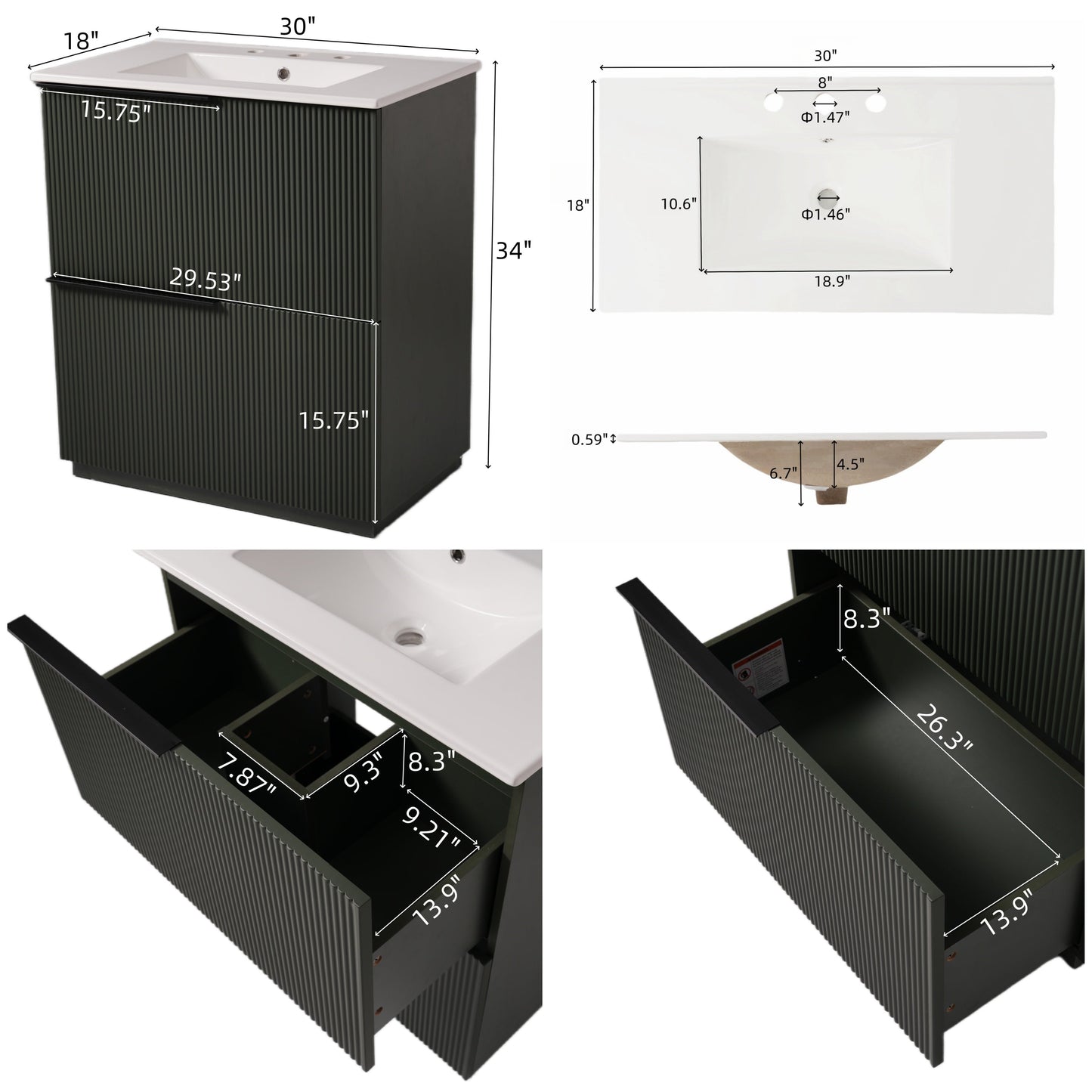 30" Bathroom Vanity with Ceramic Sink and Full-Extension Drawers