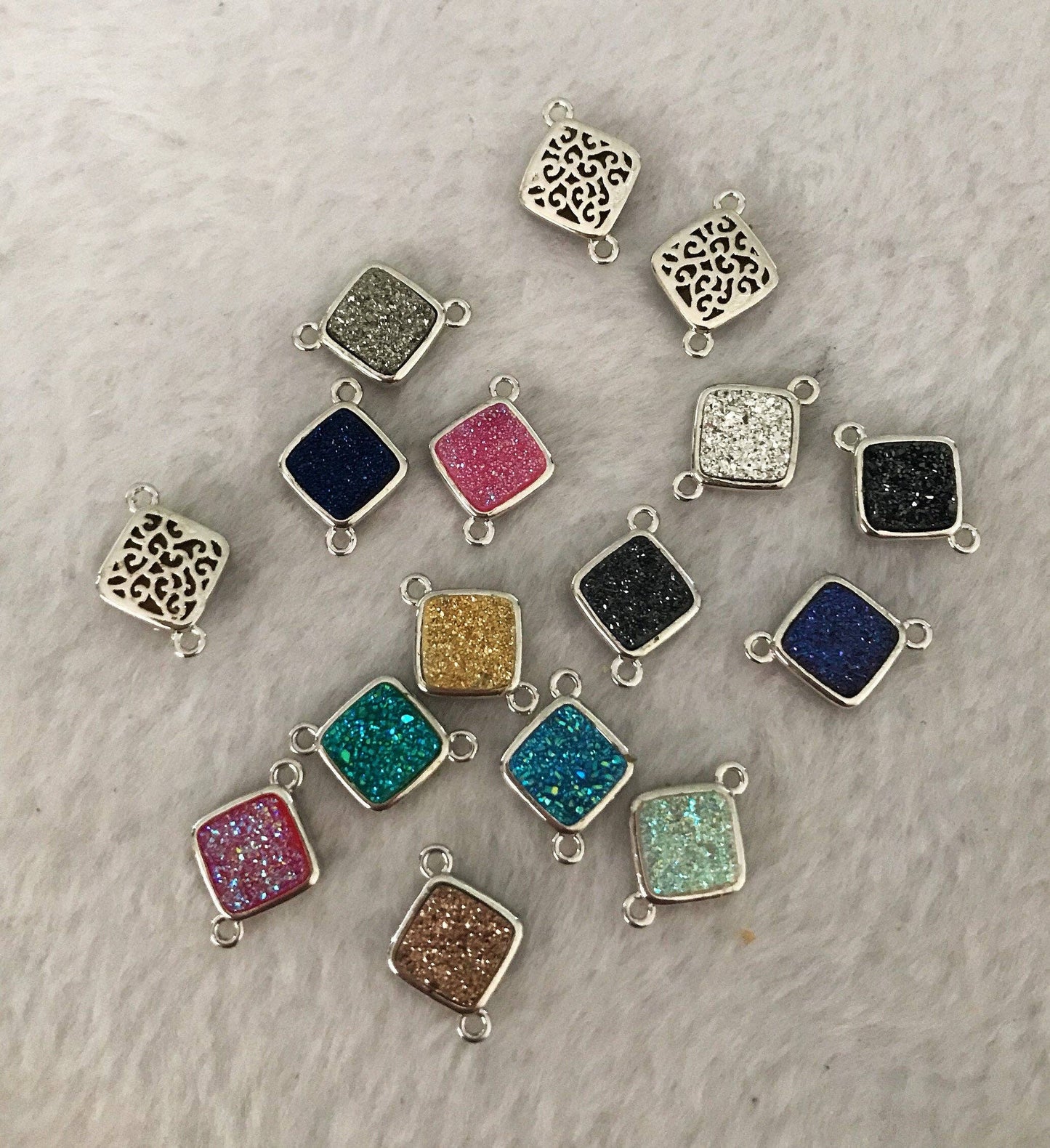 Mystic Drusy Diamond Shape Bezel Connector Beads, Bezel Druzy Charm, Gold/Silver finish,Pink/Black/Silver/White/Blue, 12x16mm,SKU#V30