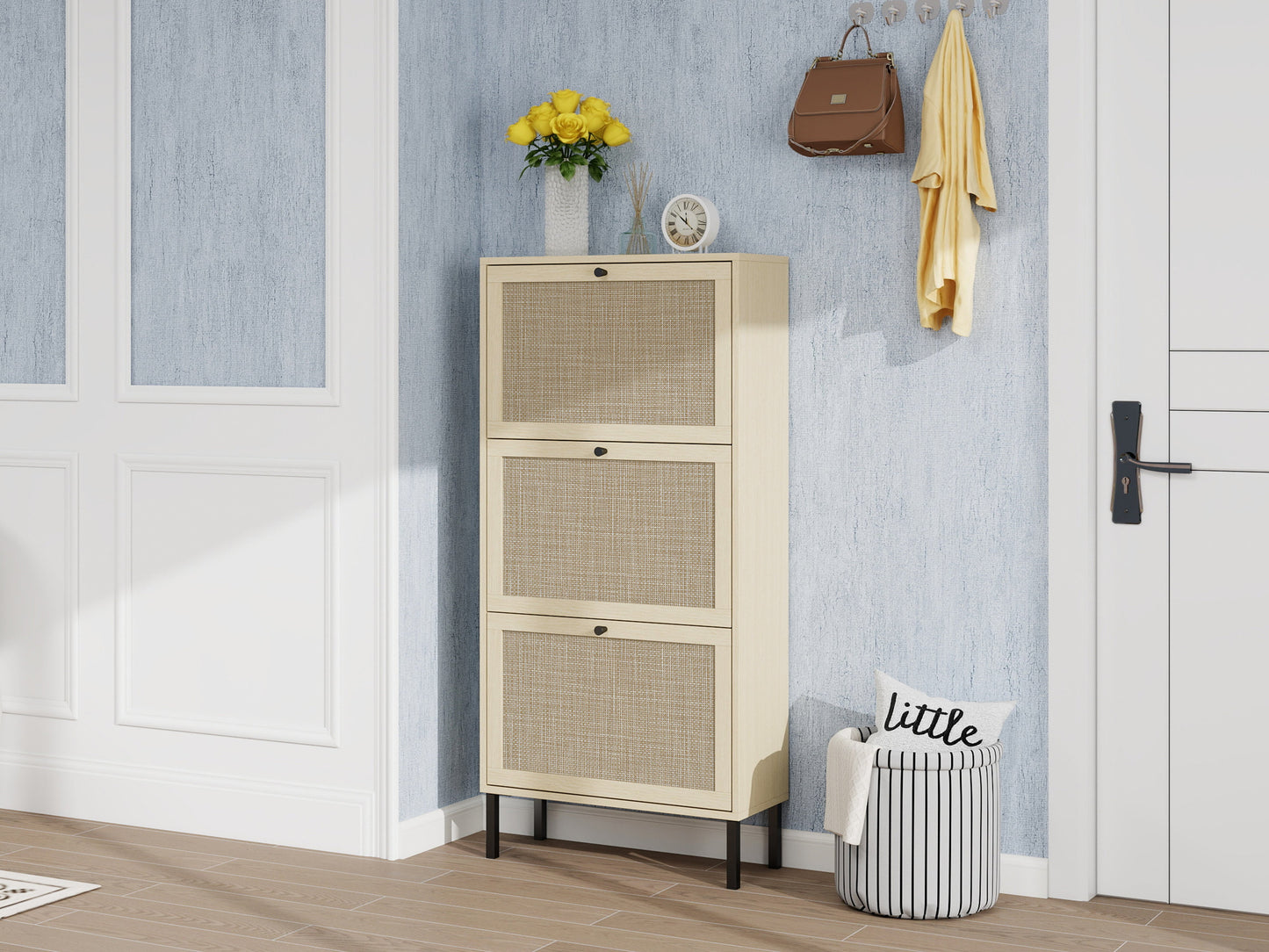 Rattan 3 Door Shoe Rack, Freestanding Modern Shoe Storage Cabinet