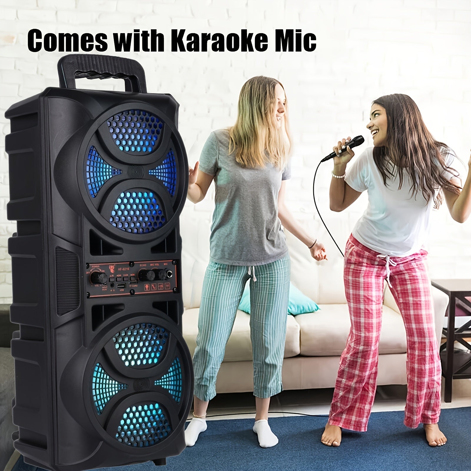 Enceinte Bluetooth portable avec basses subwoofer, double haut-parleur de graves LED 6,5" et microphone