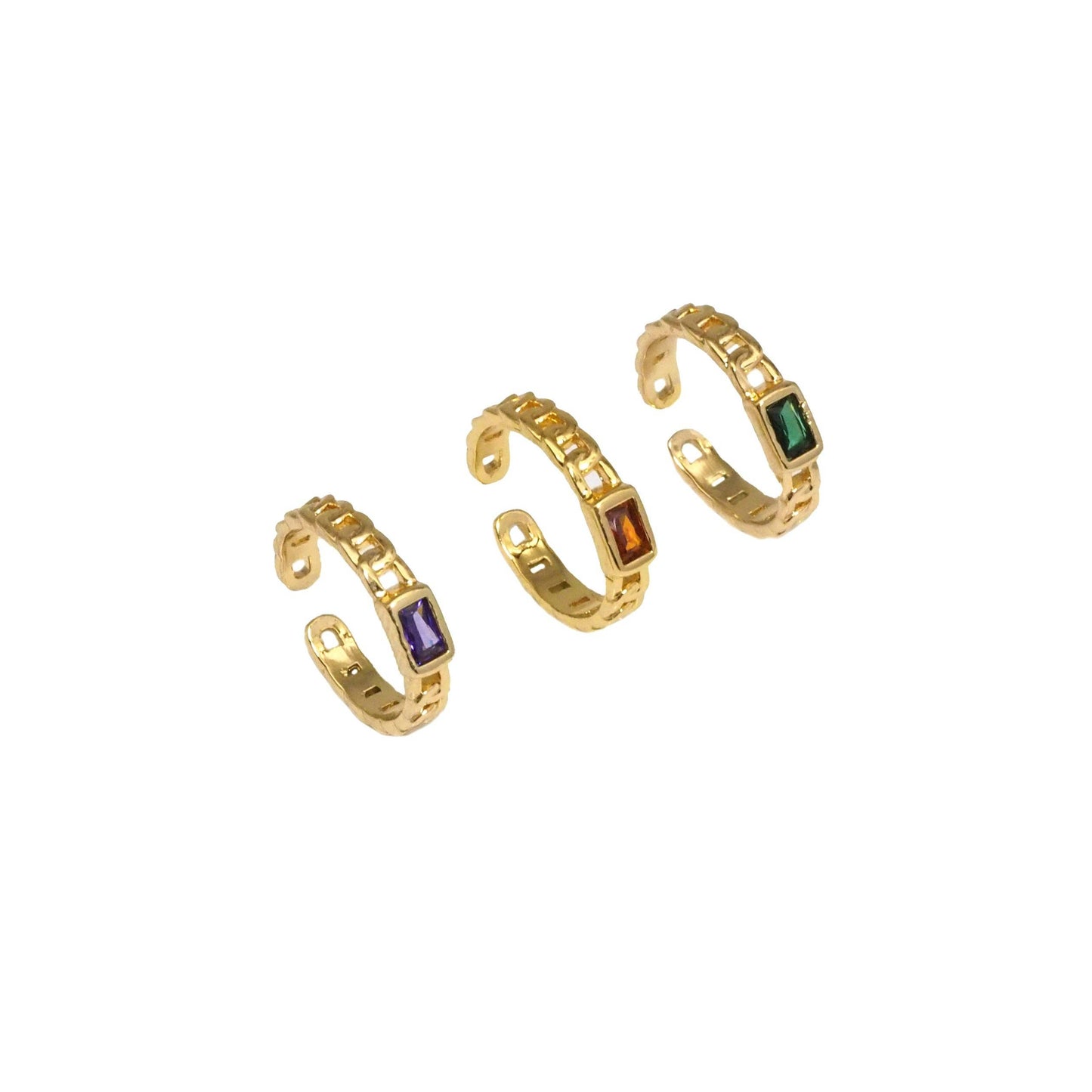 Gold Colorful CZ Rectangle Cuban Chain Adjustable Ring, Sku#JL179