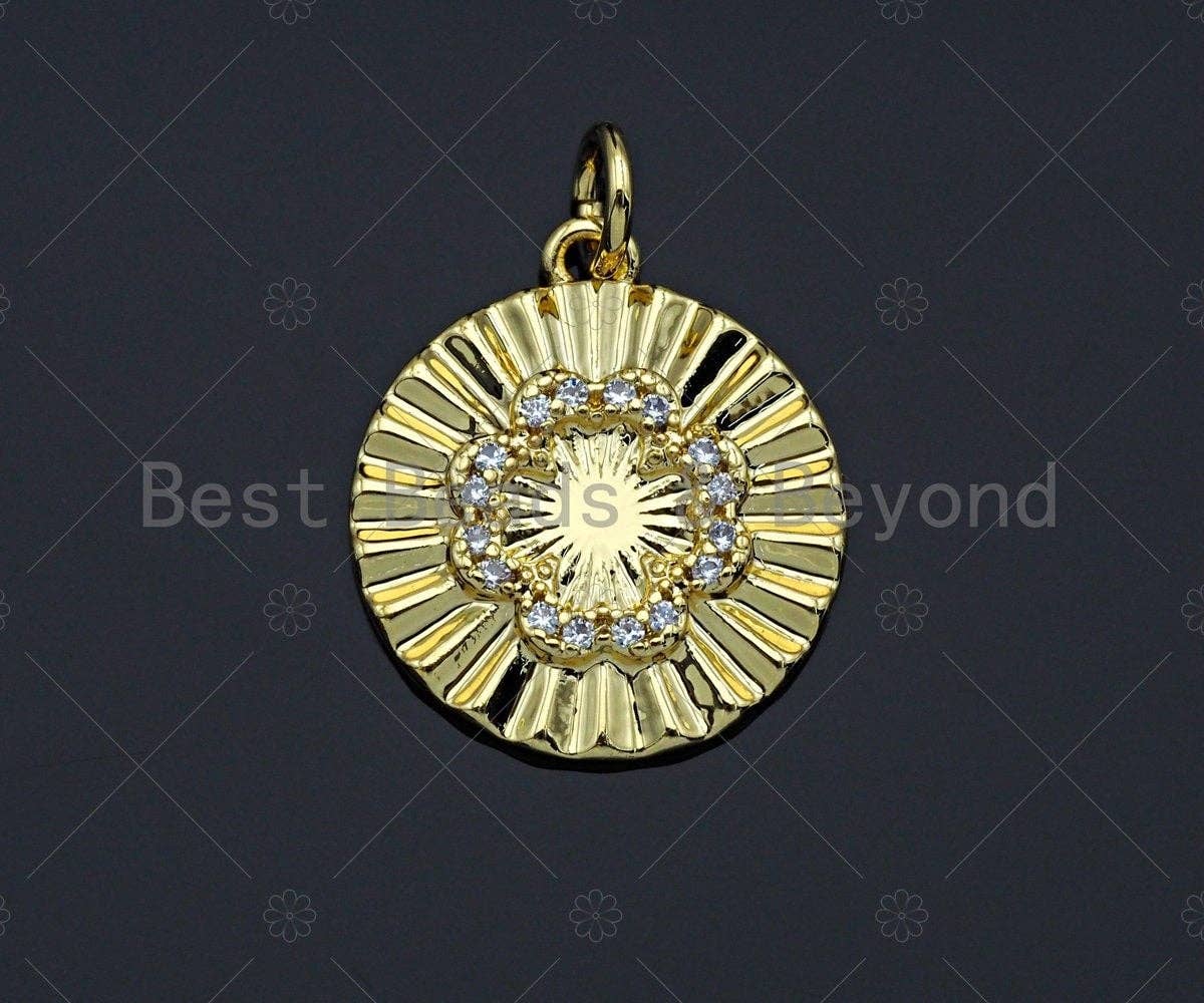 CZ Micro Pave Clover On Round Pendant/Charm,Cubic Zirconia Paved Charm, Dainty Medallion Charm, Necklace Bracelet Charm,16x18mm, sku#L337