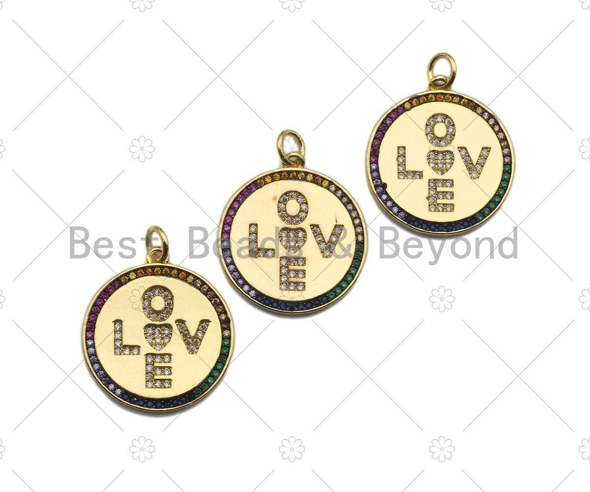 Multicolor CZ Micro Pave Love On Round Coin Pendant/Charm,Cubic Zirconia Paved Love Charm, Necklace Bracelet Charm Pendant,21x22mm, sku#L338