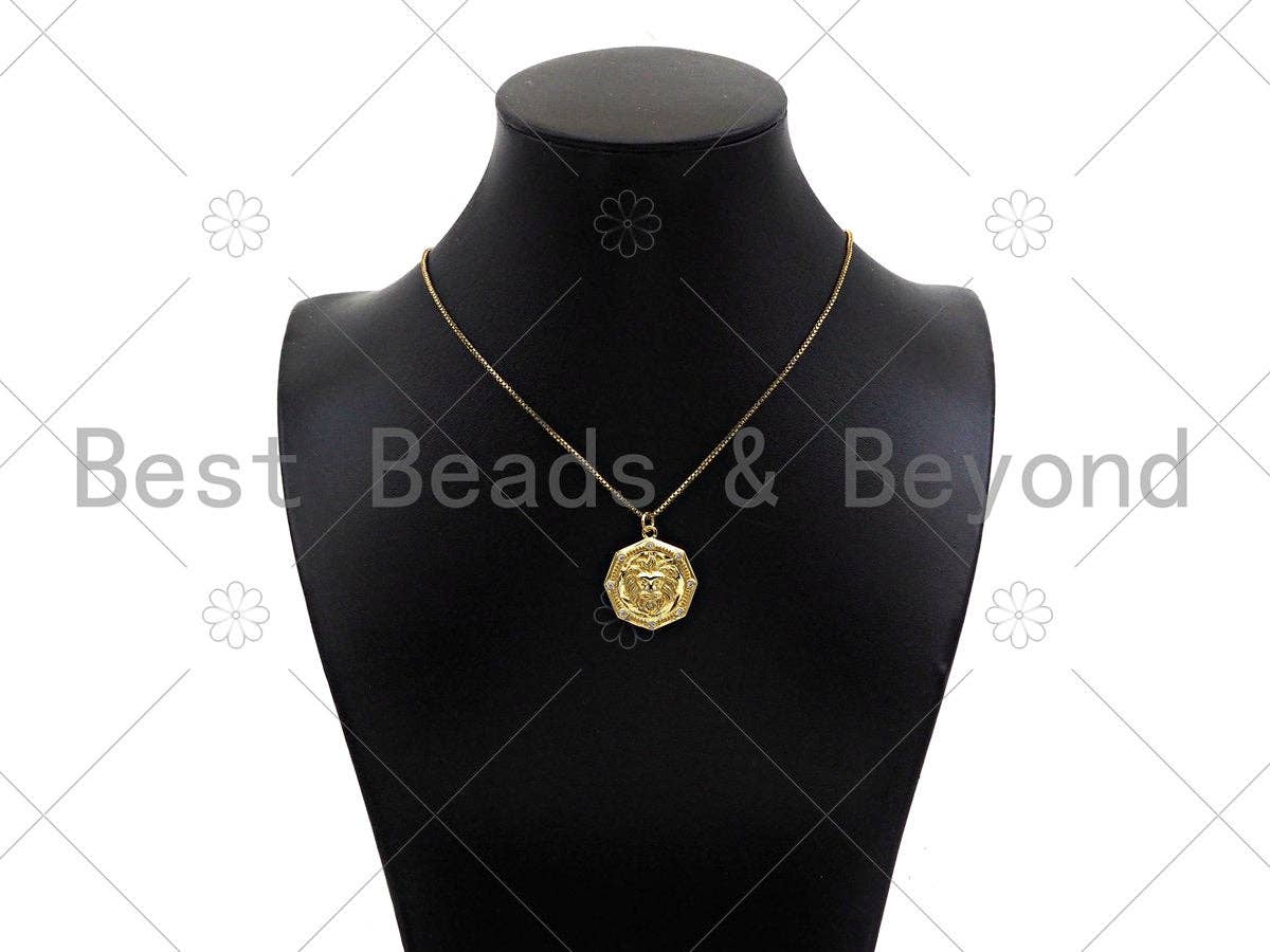 Gold Filled CZ Micro Pave Embossed Lion Head On Round Shape Pendant,18K Gold Filled Lion Charm, Necklace Bracelet Pendant,21x25mm,Sku#LK338