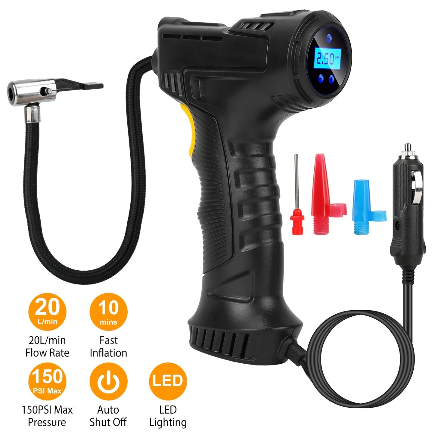 Portable Car Tire Inflator for Auto Use and Quick Inflate